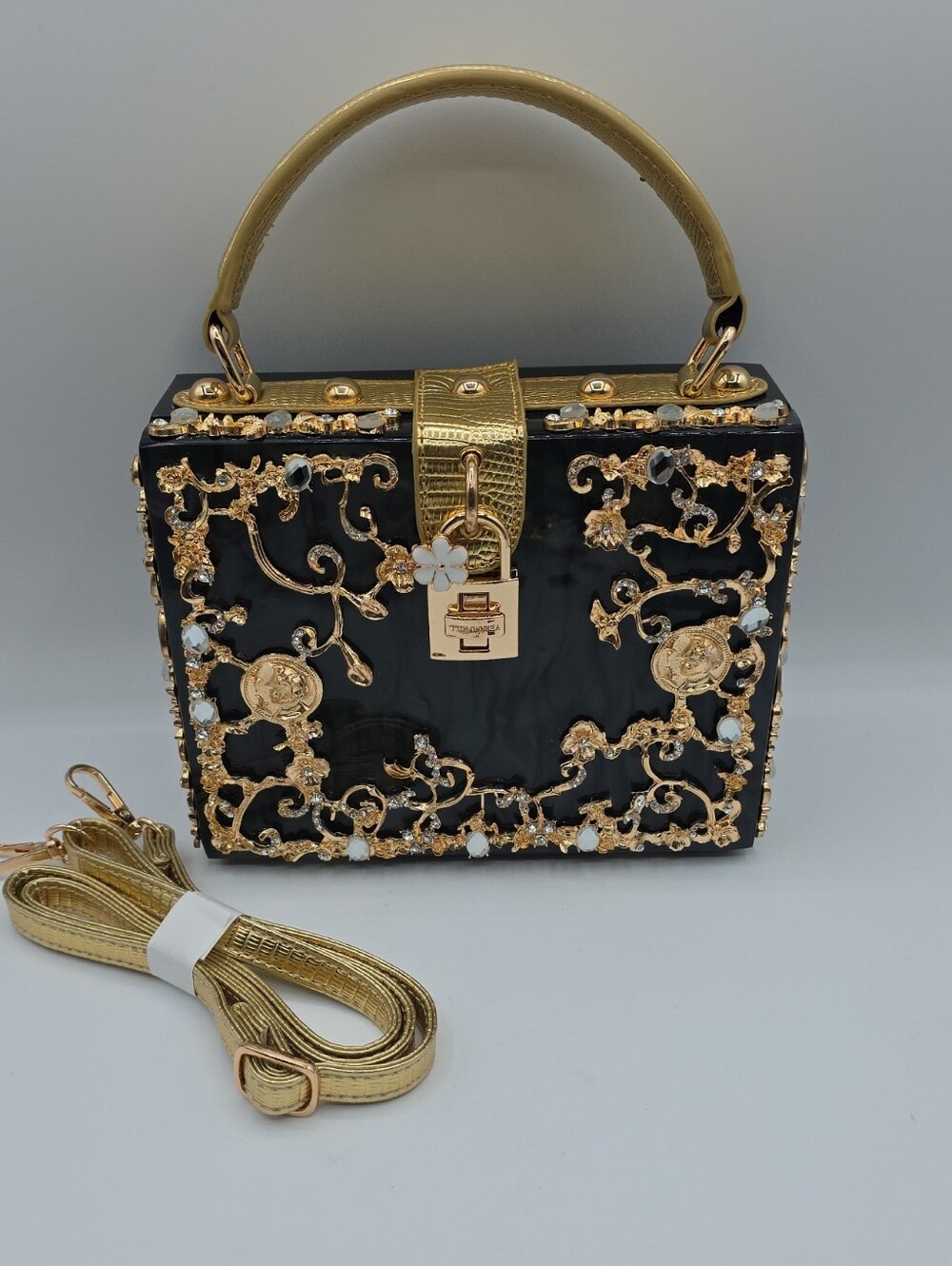 Verano Hill Acrylic Box Black and Gold Jeweled Top-Handle Satchel Bag